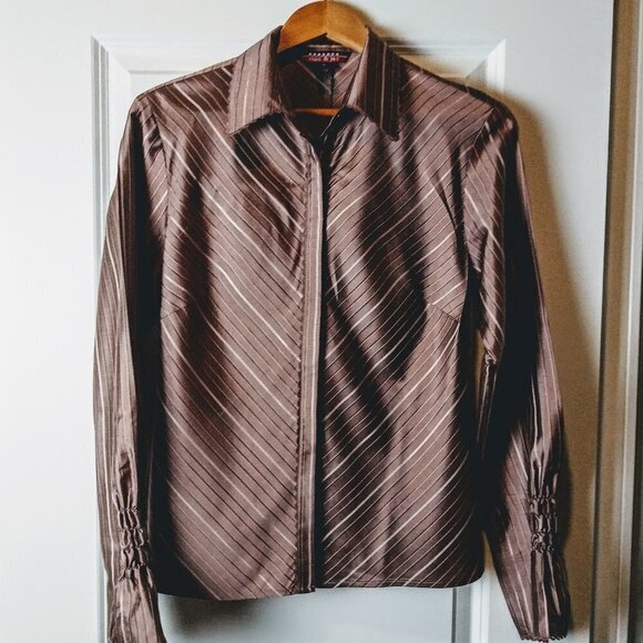 Mac & Jac Brown Striped Silk Ruched Sleeve Blouse - Picture 1 of 6